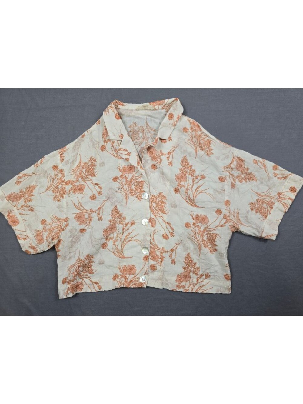 Promesa Floral Button-Down Boxy Cropped Top S Short Sleeve Orange/White
